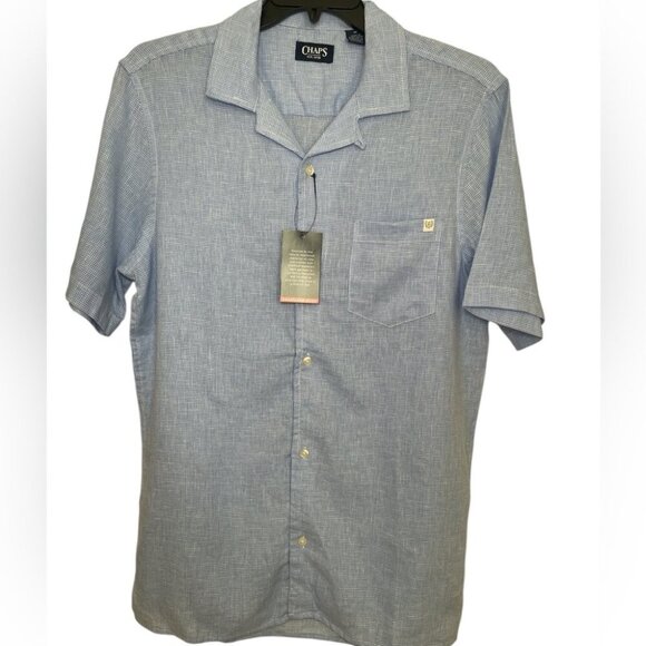 Chaps light blue and white houndstooth button down linen blend shirt sz M - Picture 1 of 6